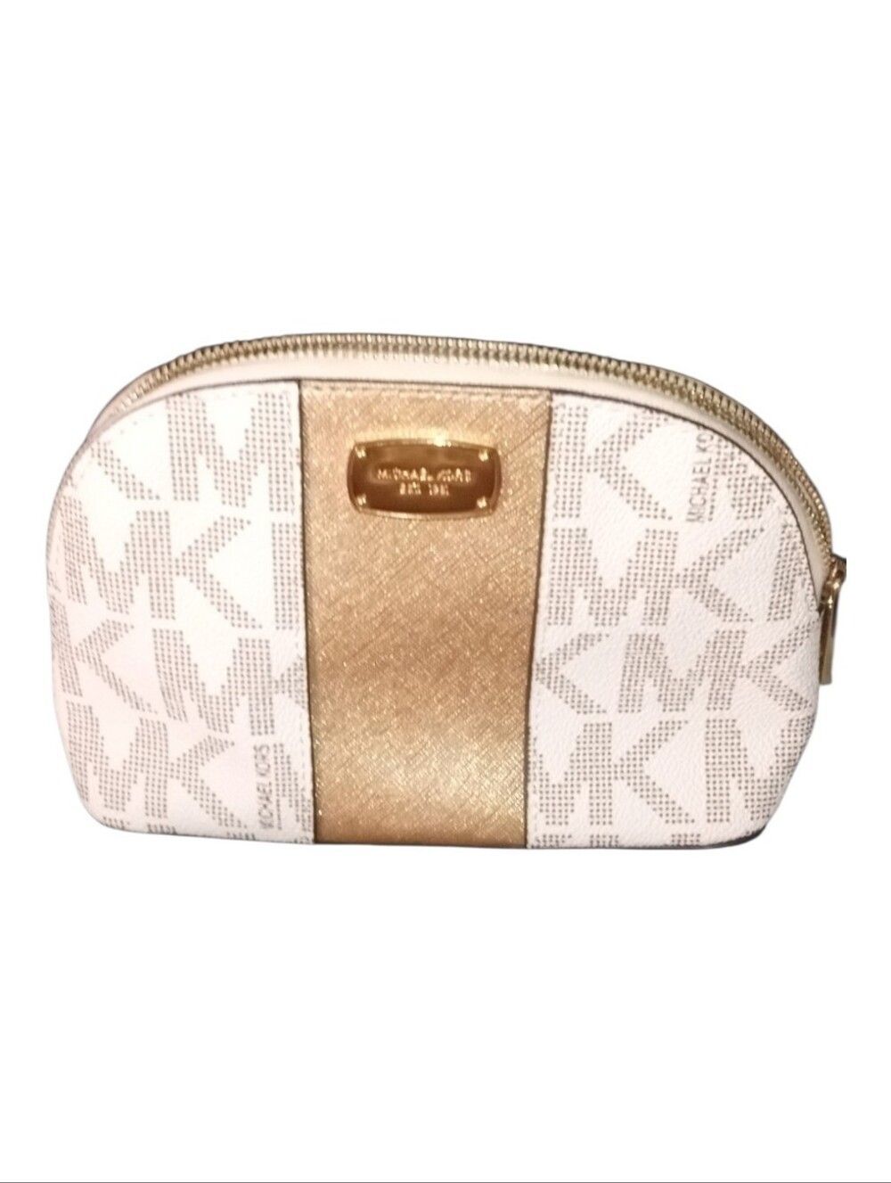 Michael Kors Makeup Bag Like New Logo Print Metal Plate Gold Stripe Zip Closure
